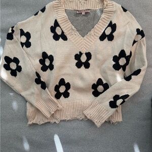 Elegant Cream and Black Floral V-Neck Sweater